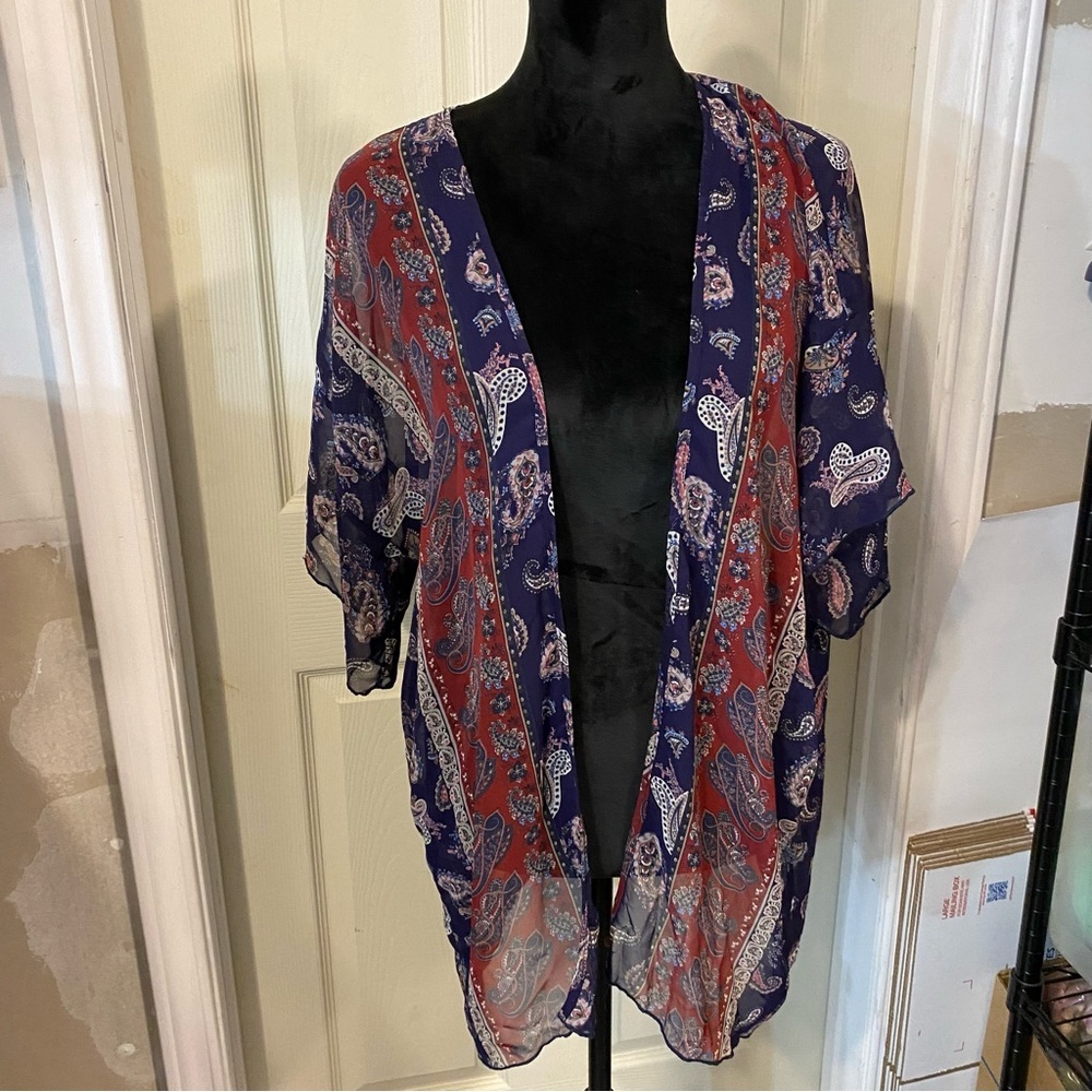 Loyo sheer paisley Light Kimono Wrap Shrug Shawl Swim Coverup Blue print flowy - Picture 6 of 6